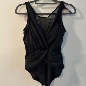 One piece black swimsuit with mesh front